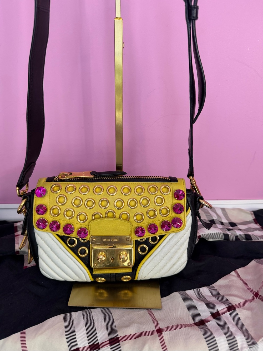 Miu Miu Yellow, black & White Embellished Crossbody Biker Bag
